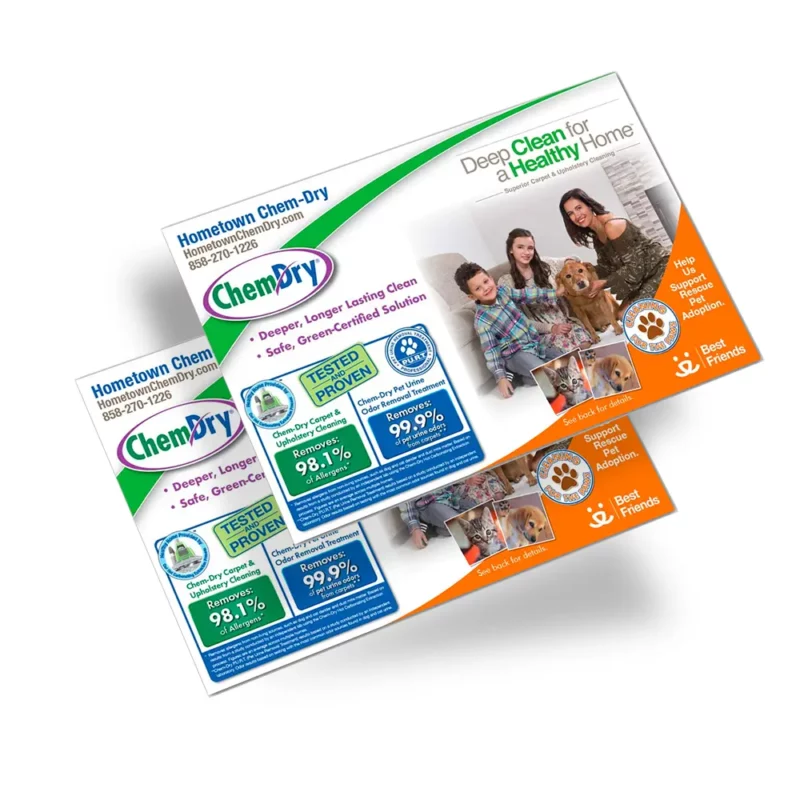Front side profile view of two custom printed ChemDry branded postcards with mom, sister, brother and dog sitting on clean white carpet
