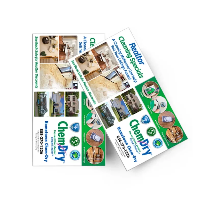 Front top down view of two custom printed ChemDry branded postcards with a variety of realtor properties