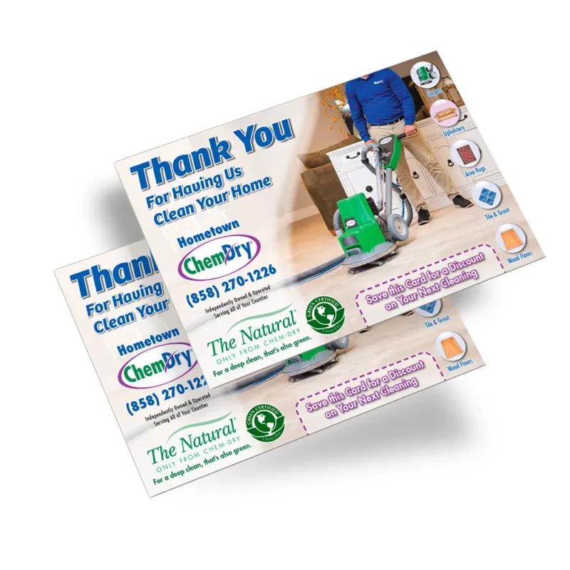 Front side profile view of two custom printed ChemDry branded postcards with man using a green floor machine on beige carpet