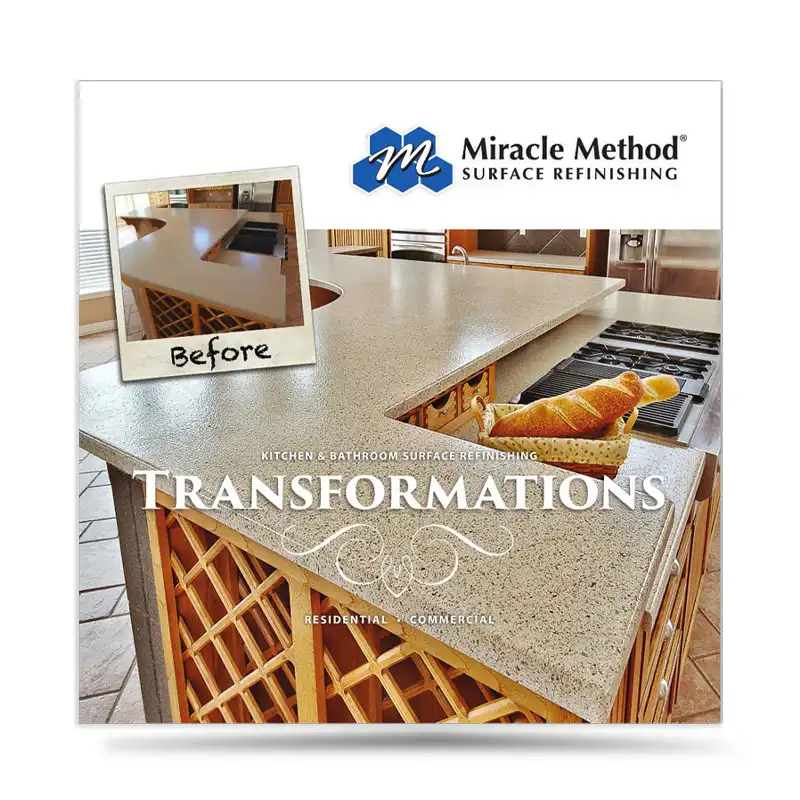 Front view of a custom printed Miracle Method album with a residential kitchen with a refinished countertop