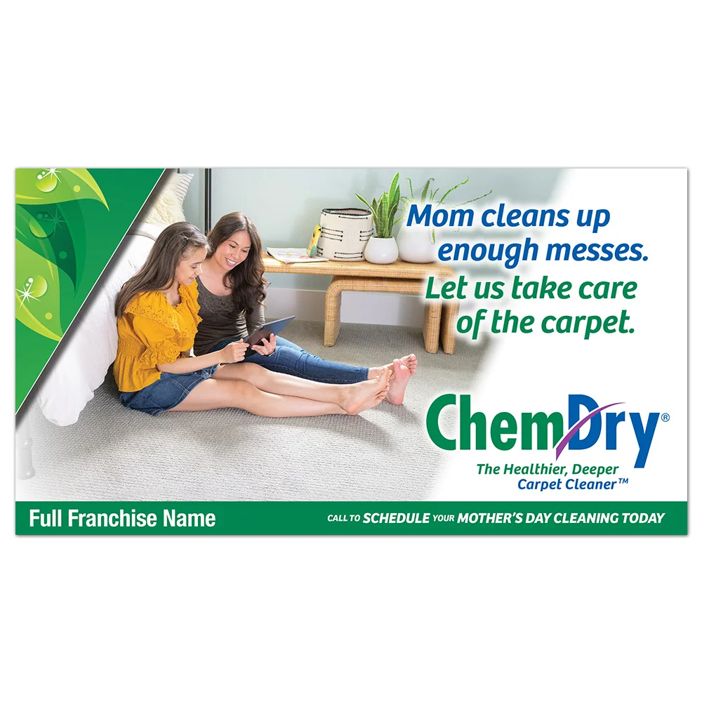 Front view of a custom printed 2022 ChemDry summer Mother's day postcard with daughter on mom sitting on clean carpet