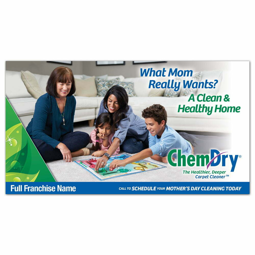 front view of a custom printed ChemDry 2022 design flyer with family celebrating mother's day on clean carpet