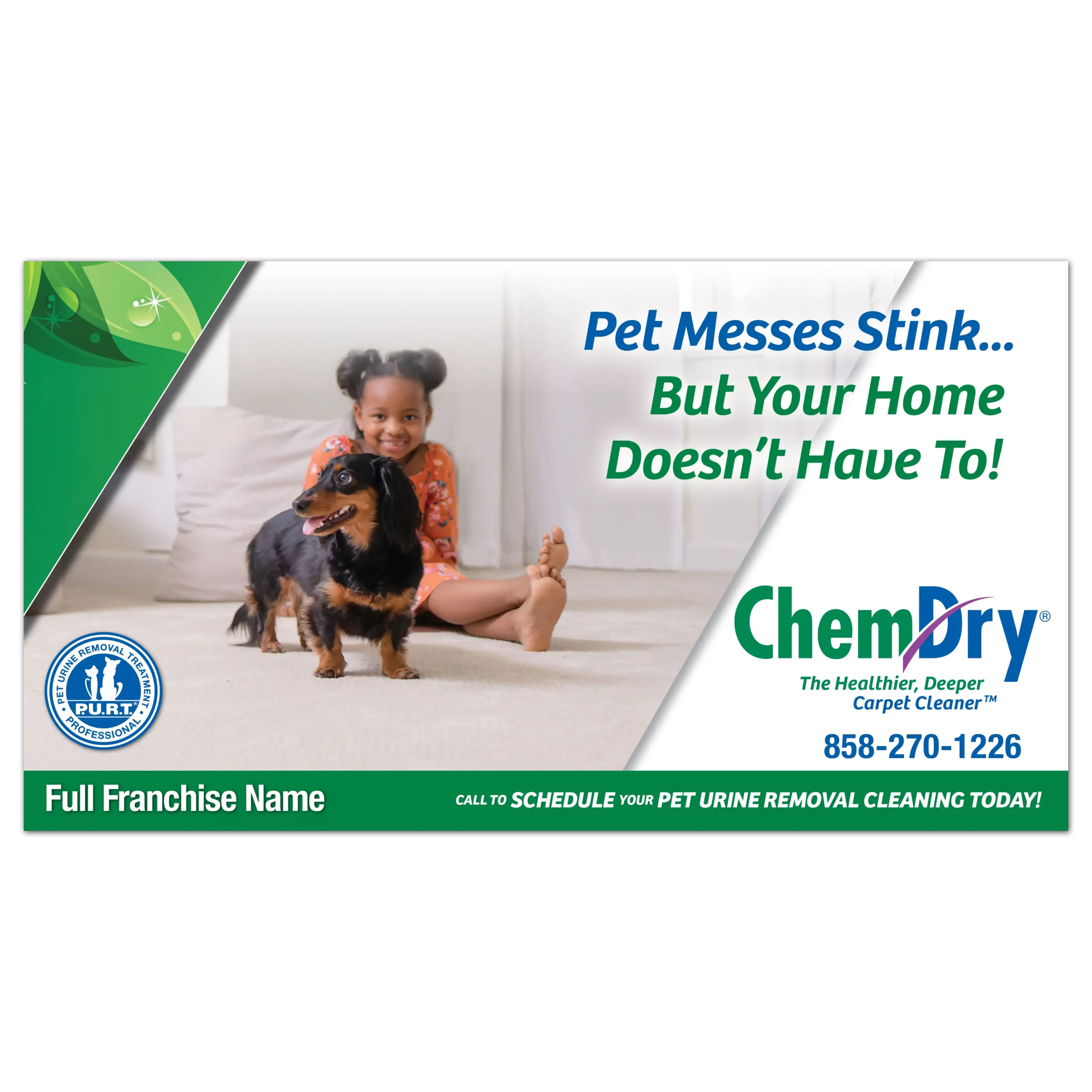 Front view of a custom printed ChemDry postcard with girl and dog sitting on clean light beige carpet