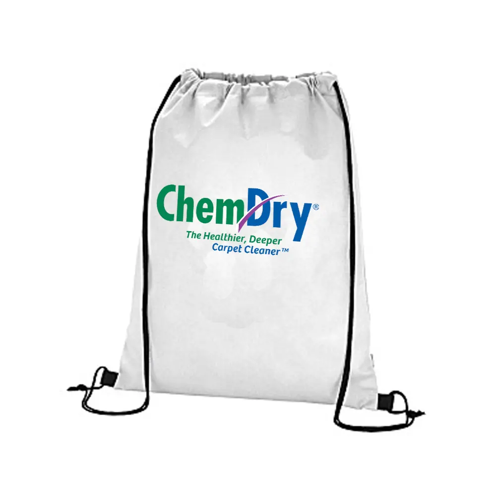 Front profile view of a custom printed ChemDry branded white drawstring bag