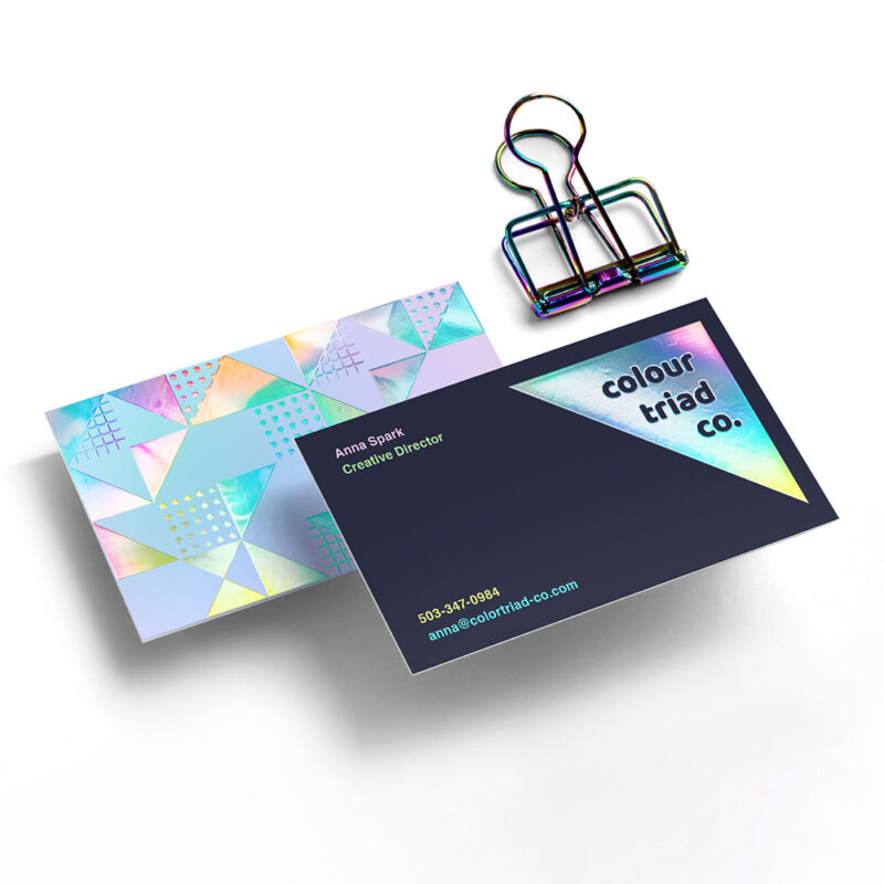Front and back view of a custom printed Holographic Raised Business Card
