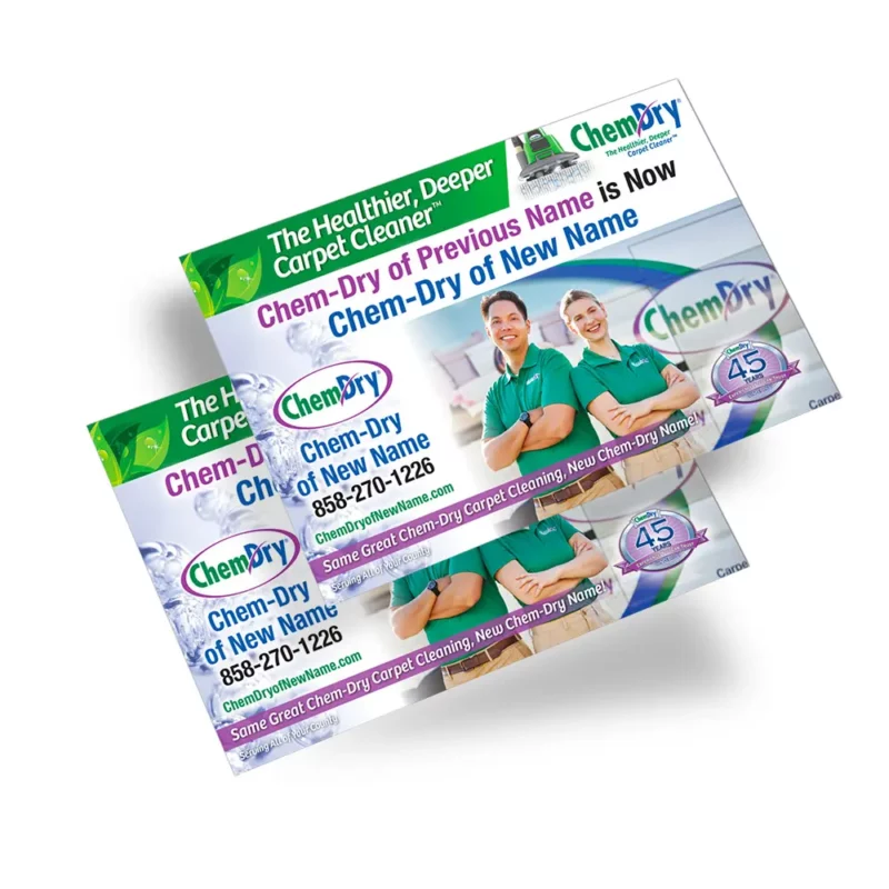 Front side profile view of two custom printed ChemDry branded postcards with two employees with crossed arms smiling in front of van