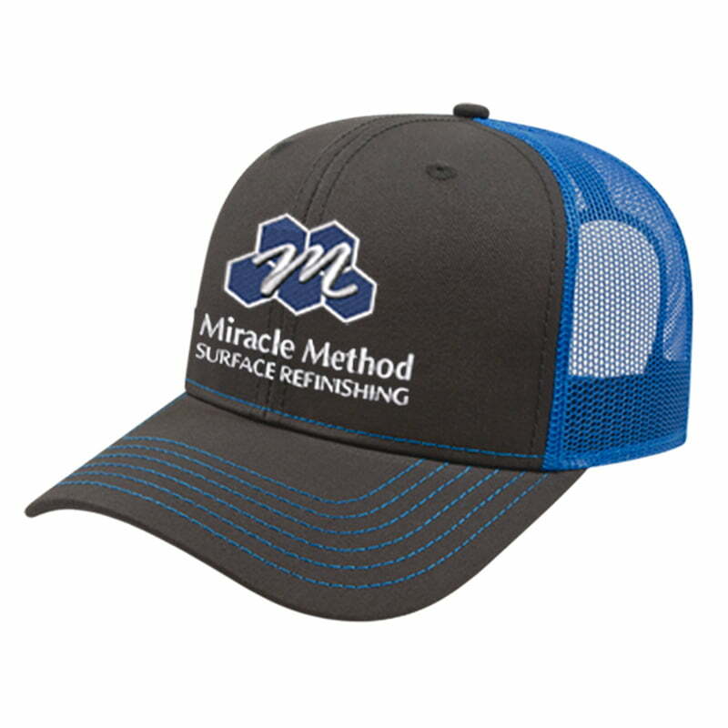 side profile of a custom embroidered Miracle Method grey and neon blue mesh trucker style hat