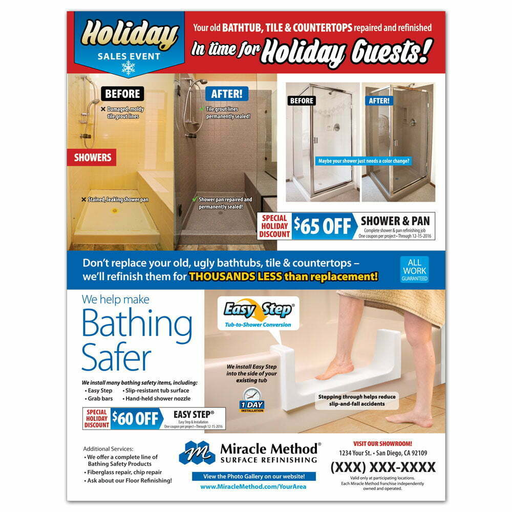 front view of a custom printed Miracle Method Every door direct mailer EDDM with holiday design and easy step