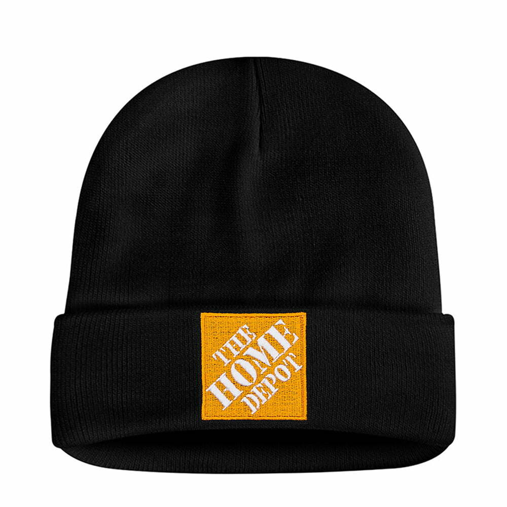custom embroidered black knit cap with home depot logo