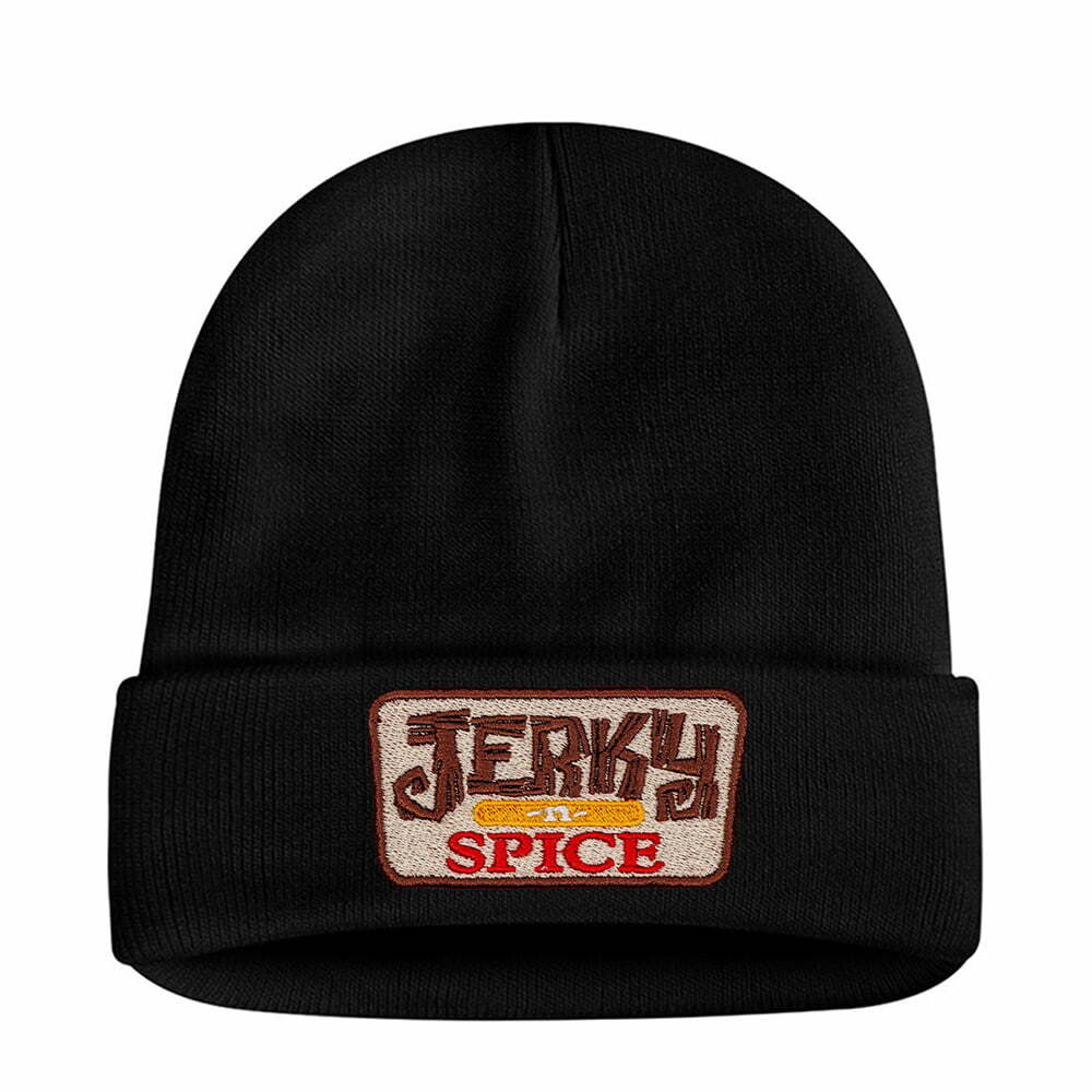 custom embroidered black knit cap with jerky n spice logo