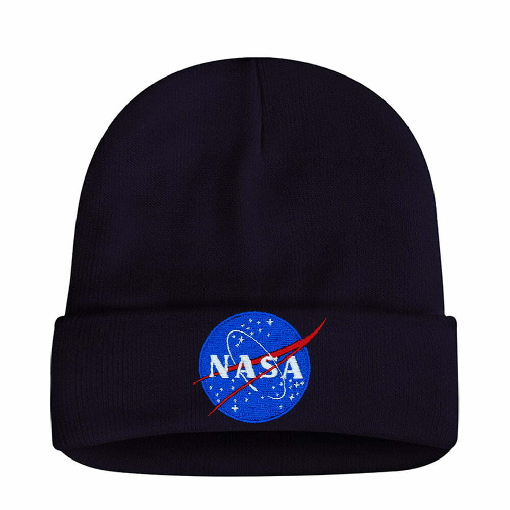 custom embroidered black knit cap with nasa meatball logo