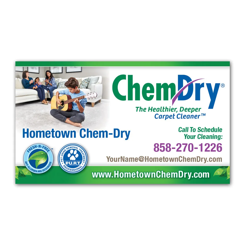 Front view of a custom printed 2022 ChemDry business card with boy playing guitar on clean carpet