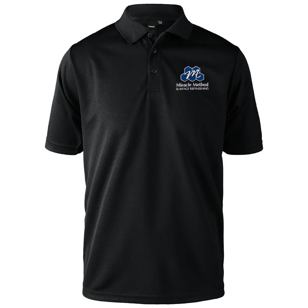 Front view of a black Miracle Method embroidered polo