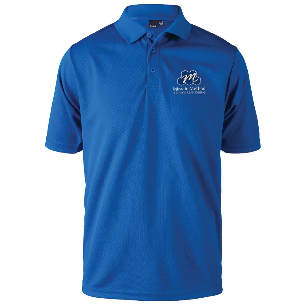 Front view of a custom embroidered royal blue Miracle Method men's polo