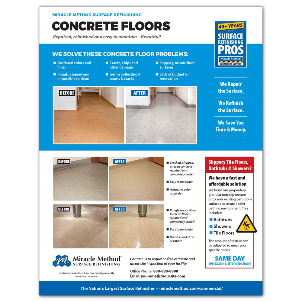 front view of a custom printed Miracle Method refinishing flyer about concrete floors