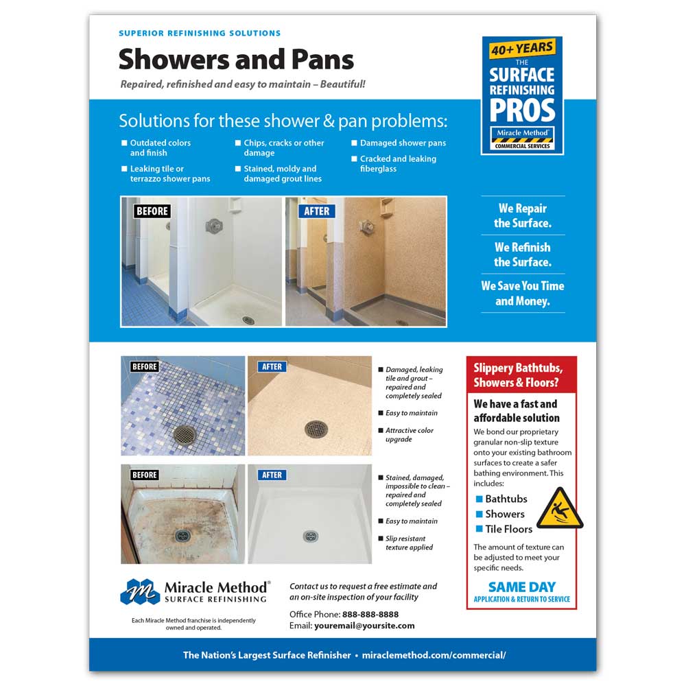 front view of a custom printed Miracle Method refinishing flyer about showers and pans
