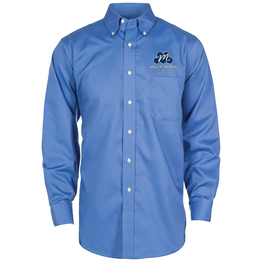 Front view of a custom embroidered cobalt blue Miracle Method men's polo