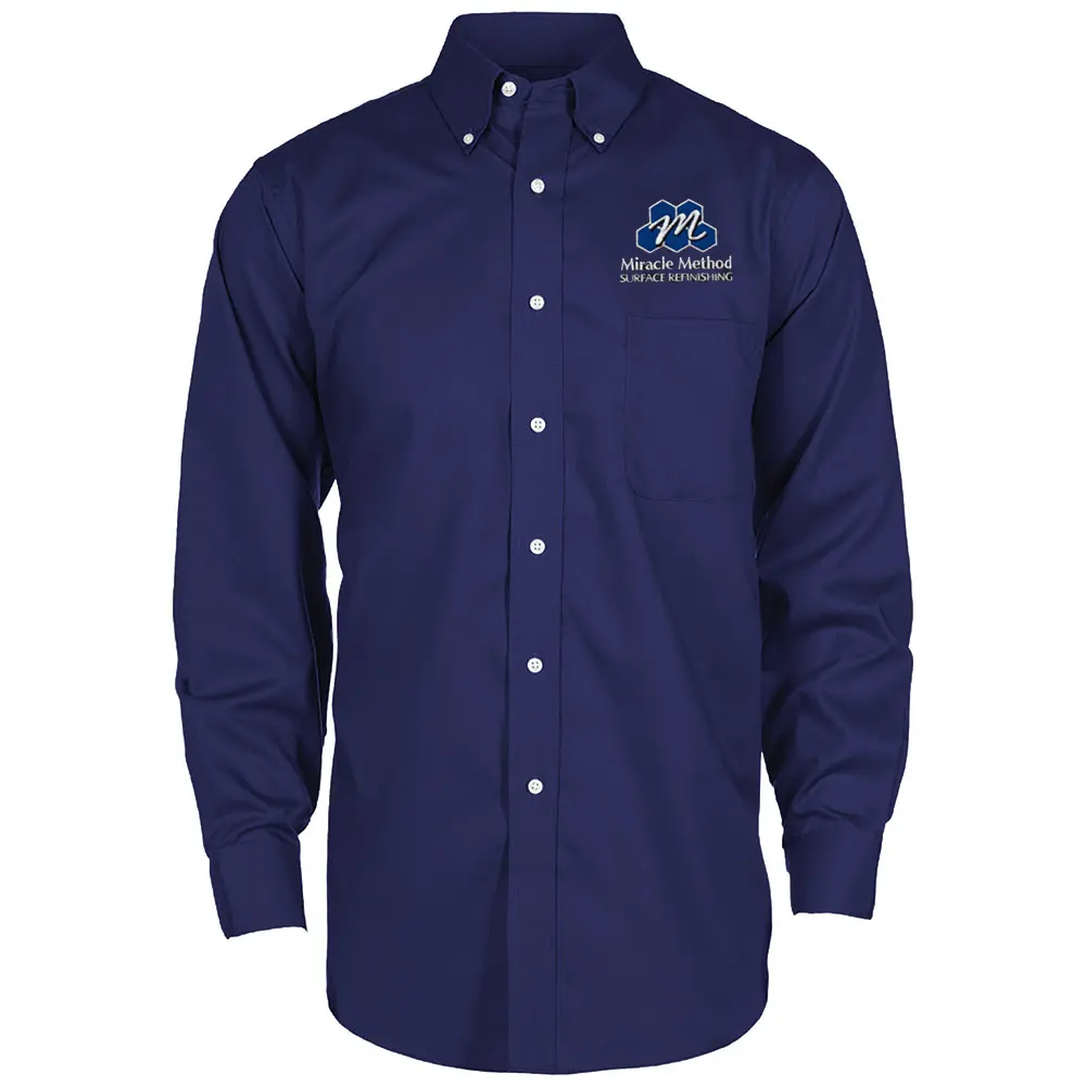 Front view of a custom embroidered navy blue Miracle Method men's polo