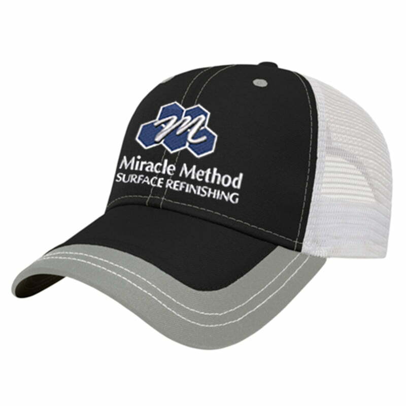 side profile of a custom embroidered Miracle Method black and grey brim and white mesh trucker style hat