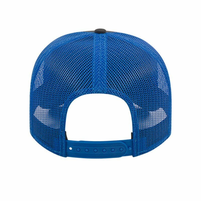 back profile of a custom embroidered Miracle Method grey and neon blue mesh trucker style hat