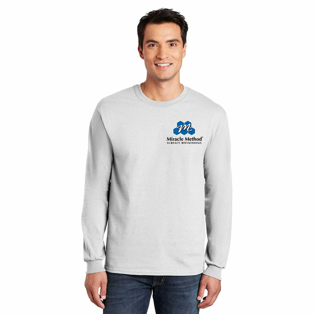 front view of shirt model wearing a white custom printed Miracle Method long sleeve t-shirt