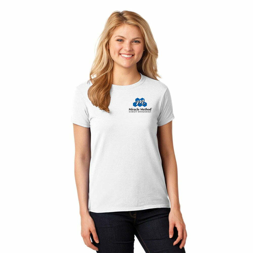 front view of female shirt model wearing a white custom printed Miracle Method short sleeve t-shirt
