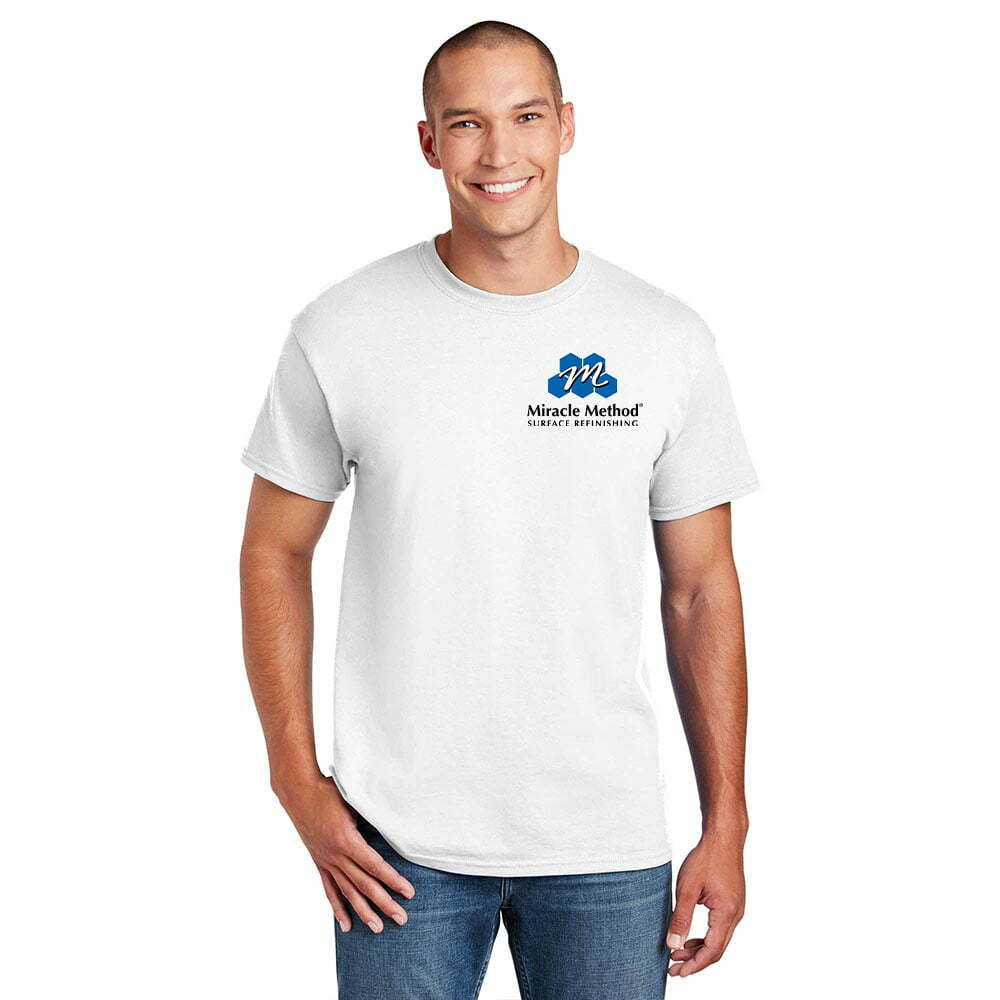 front view of shirt model wearing a white custom printed Miracle Method short sleeve t-shirt
