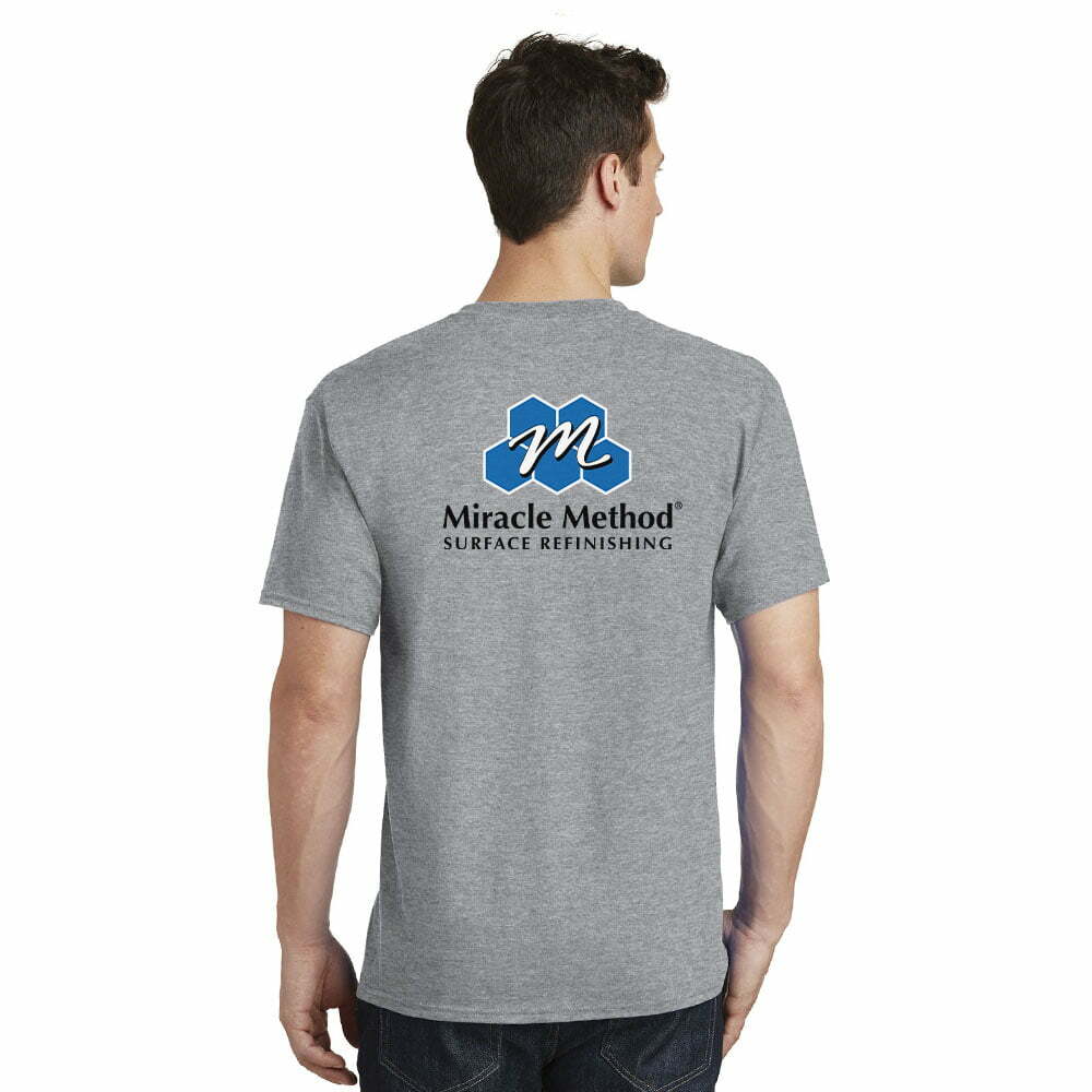 back view of shirt model wearing a grey custom printed Miracle Method short sleeve tall t-shirt