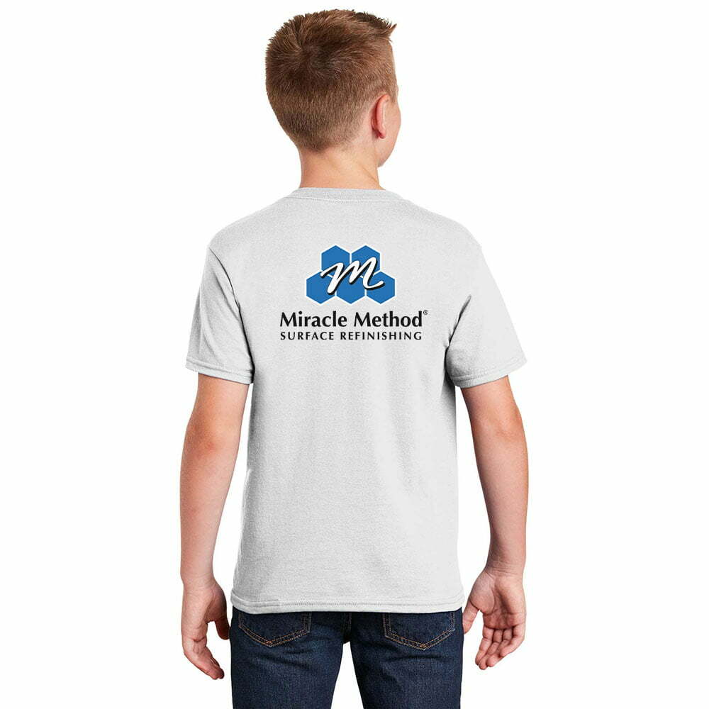 back view of shirt model wearing a grey custom printed Miracle Method youth short sleeve t-shirt