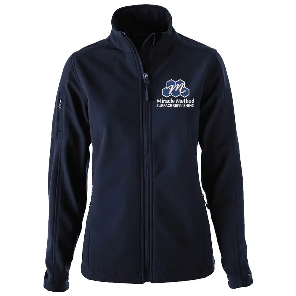 Front view of a custom embroidered Miracle Method navy Sonoma jacket