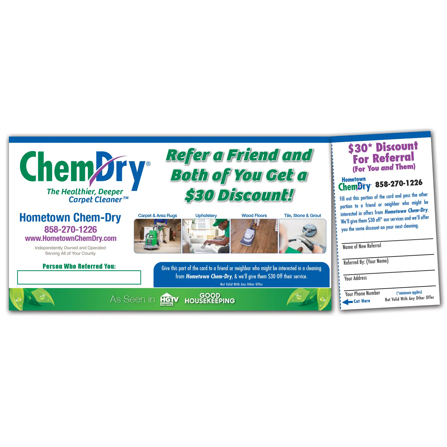 front view of a custom printed ChemDry perforated card with list services