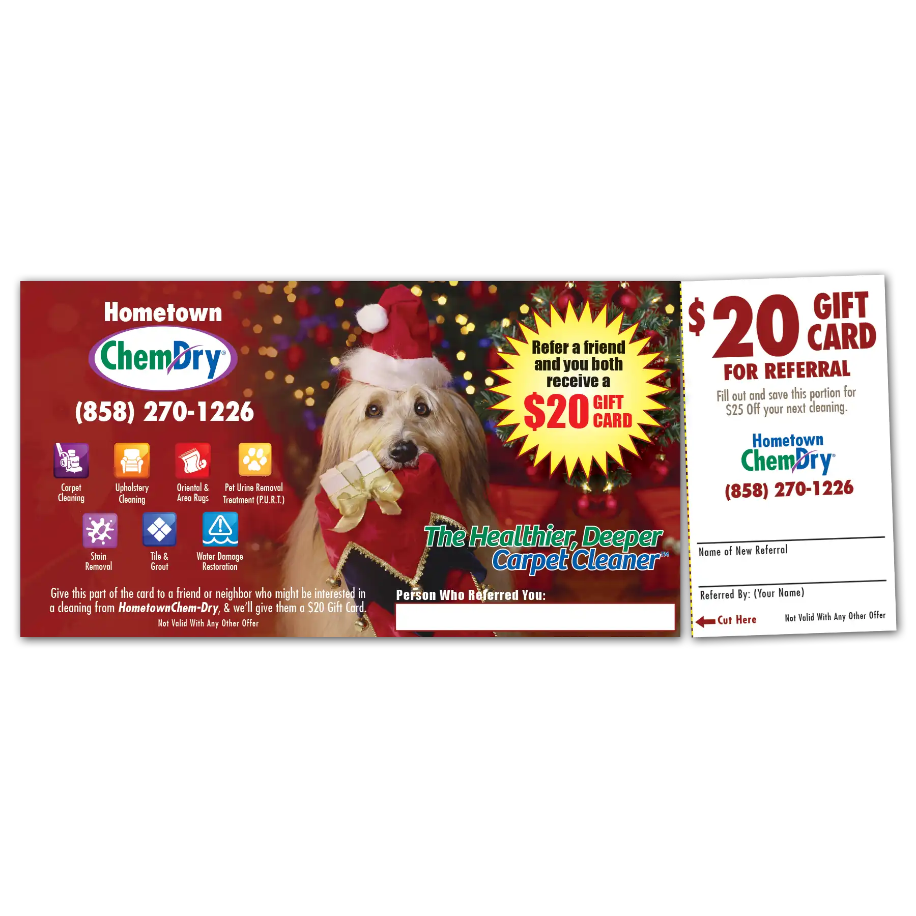 front view of a custom printed ChemDry perforated card with dog wearing a santa hat holding a stocking and Christmas themed