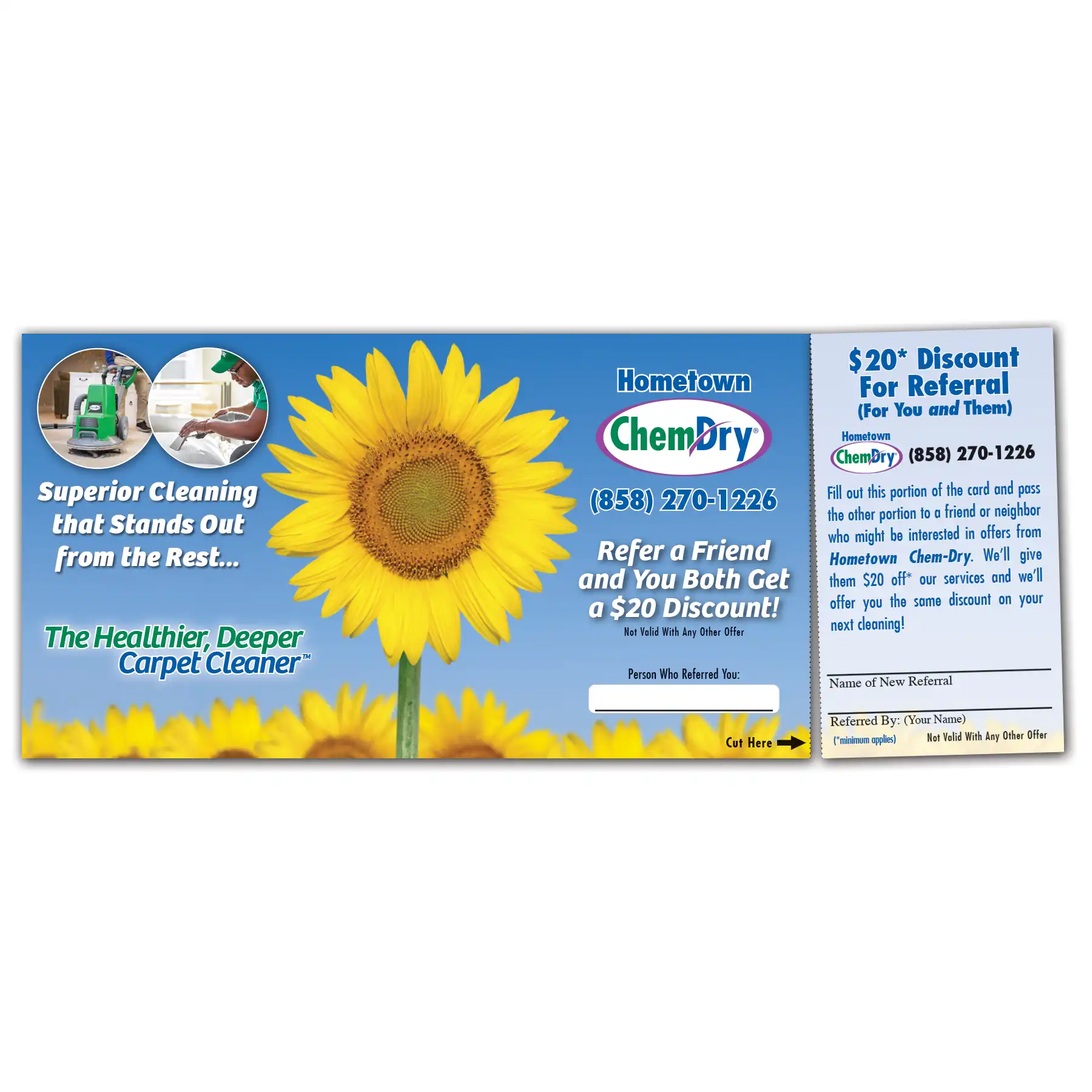 front view of a custom printed ChemDry perforated card with a sunflower and blue sky