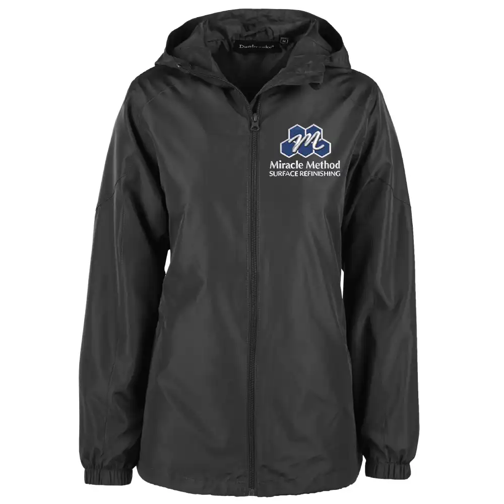 Front view of a custom embroidered women's Miracle Method black olympic jacket