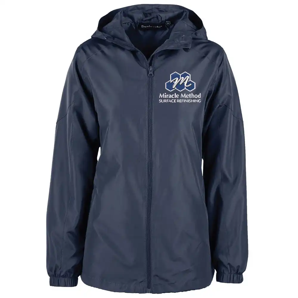 Front view of a custom embroidered women's Miracle Method navy blue olympic jacket