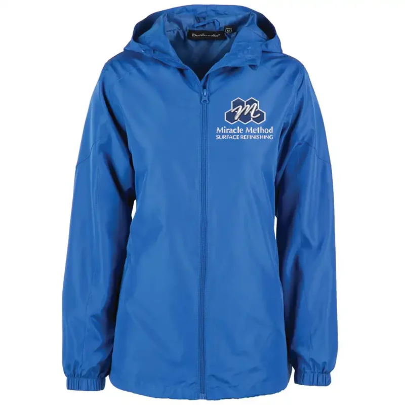 Front view of a custom embroidered women's Miracle Method royal blue olympic jacket