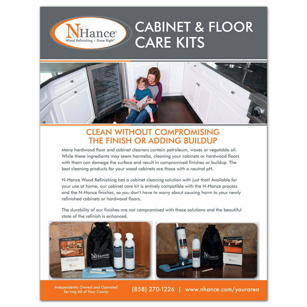 Front view of a custom printed N-Hance flyer describing cabinet and floor cleaning techniques