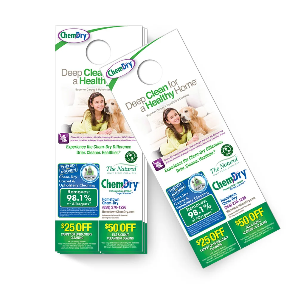 Front top down view of a stack of custom printed ChemDry door hangers with girl and golden retriever laying on clean carpet