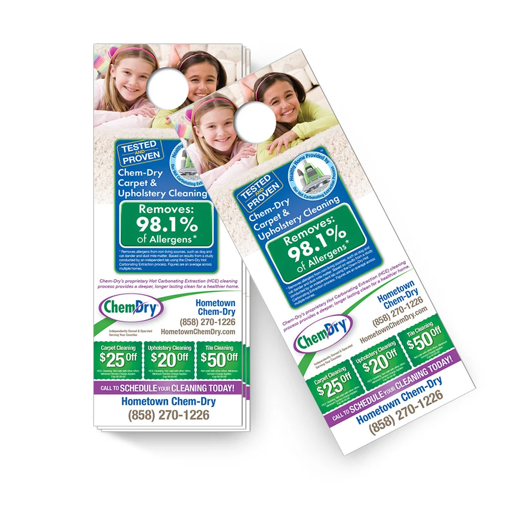 Front top down view of a stack of custom printed ChemDry door hangers with two girls laying on clean carpet