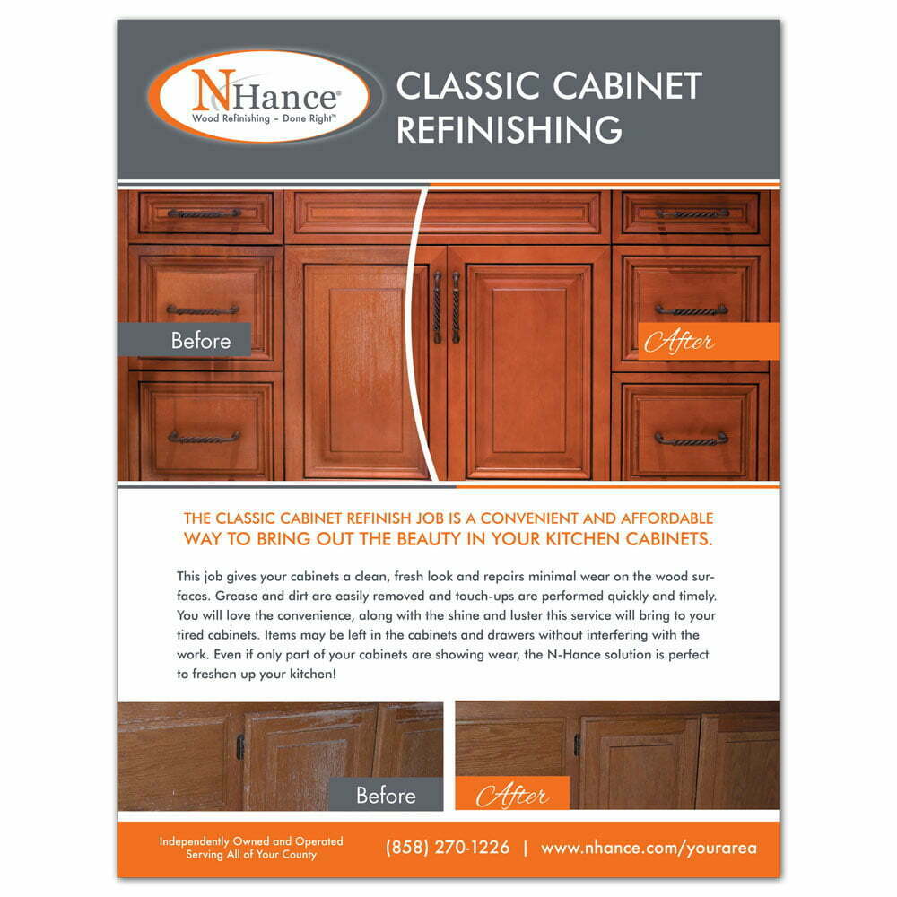 Front view of a custom printed N-Hance flyer showing before and after photos of cabinet refinishing