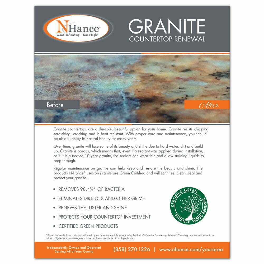 Front view of a custom printed N-Hance flyer describing showing a before and after of granite countertop renewal