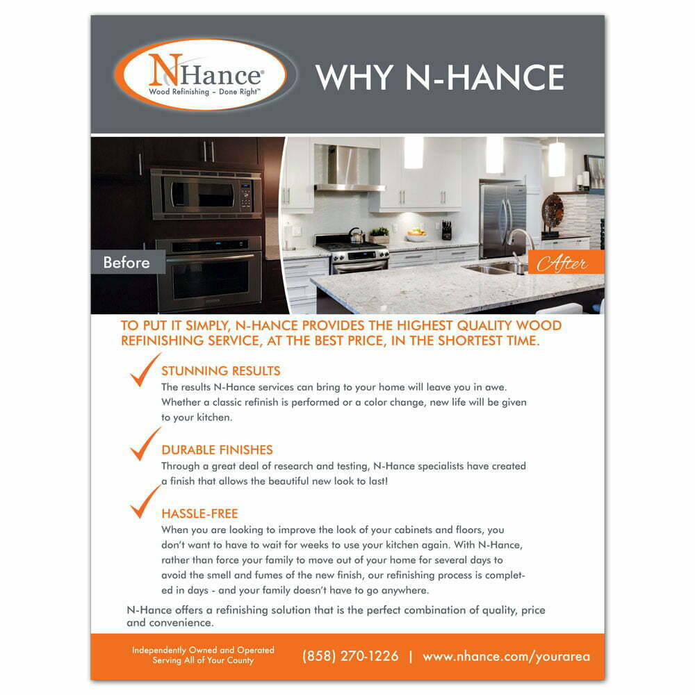 Front view of a custom printed N-Hance flyer describing results, durability and maintenance of their refinishing service