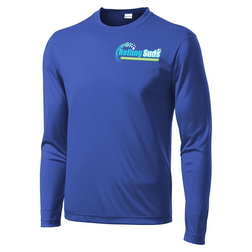 front profile of a custom printed long sleeve Rolling Suds royal blue tech shirt