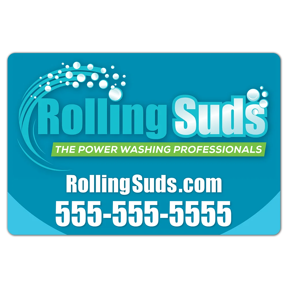 Front view of a custom printed Rolling Suds car magnet