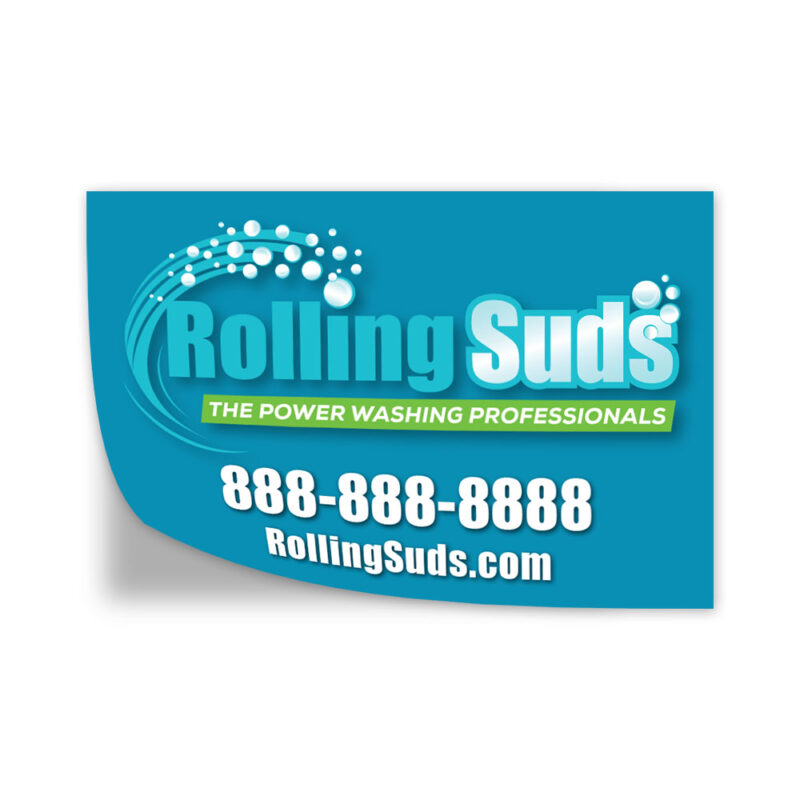 Front view of a crack and peel custom printed Rolling suds sticker