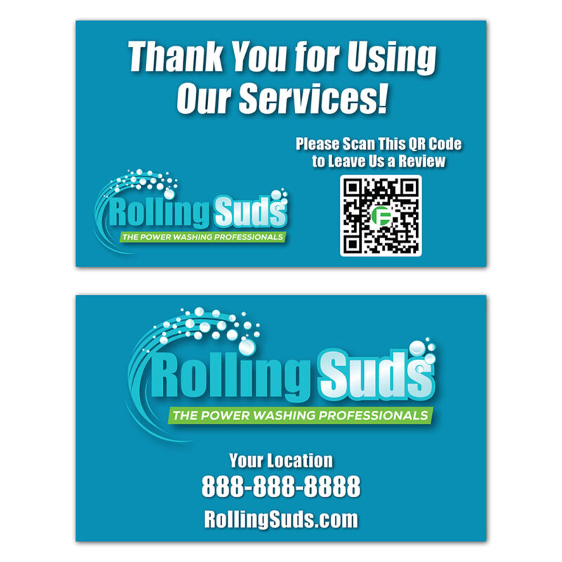 front and back view of custom printed Rolling Suds thank you card