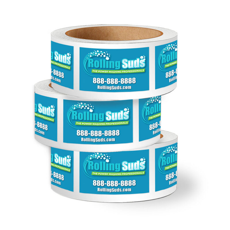 a stack of three rolls of custom printed Rolling Suds roll labels