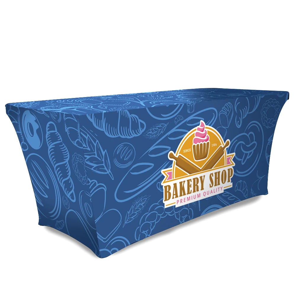 Sideview of a custom printed bakery shop stretch table throw