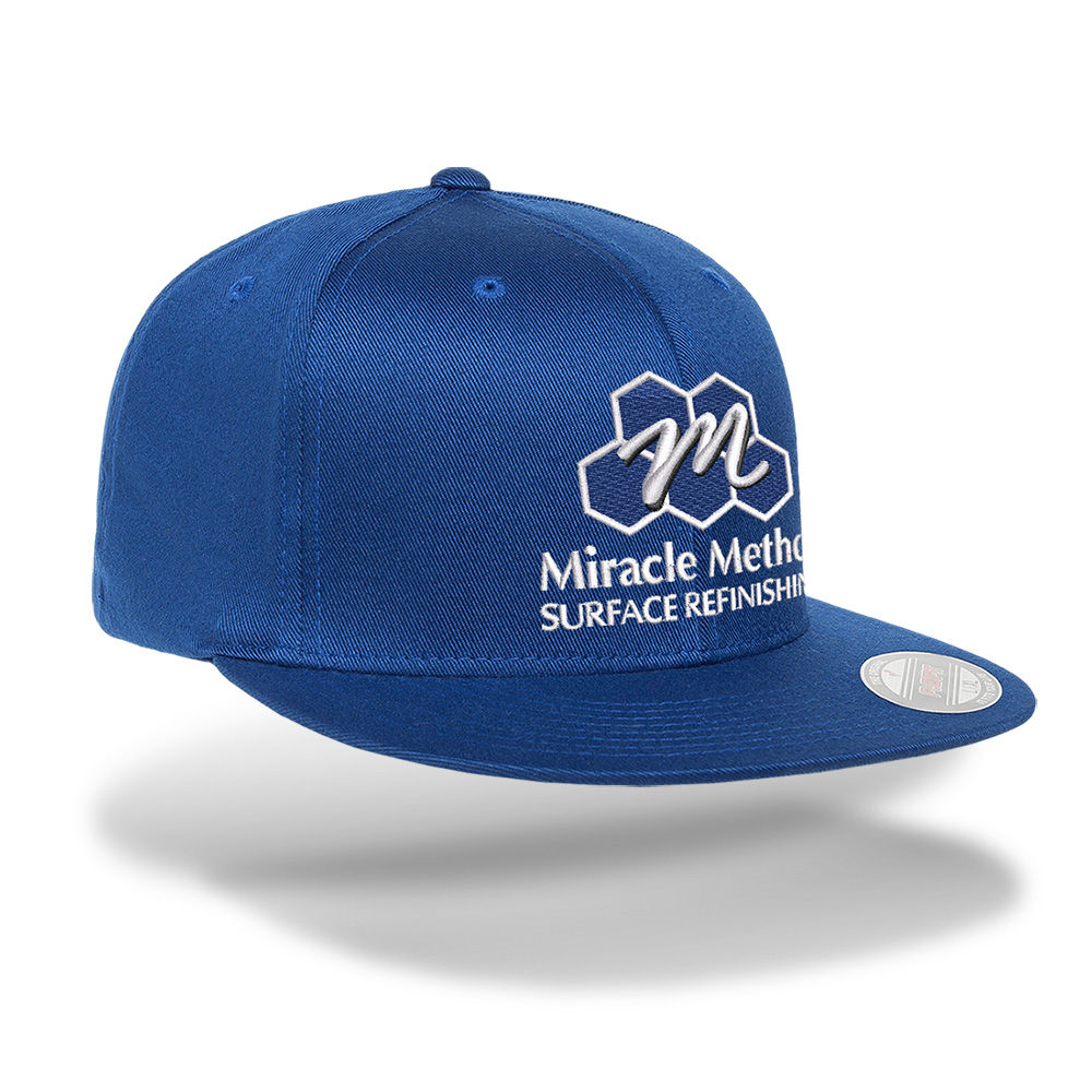 Sideview of Miracle Method embroidered royal blue FlexFit cap