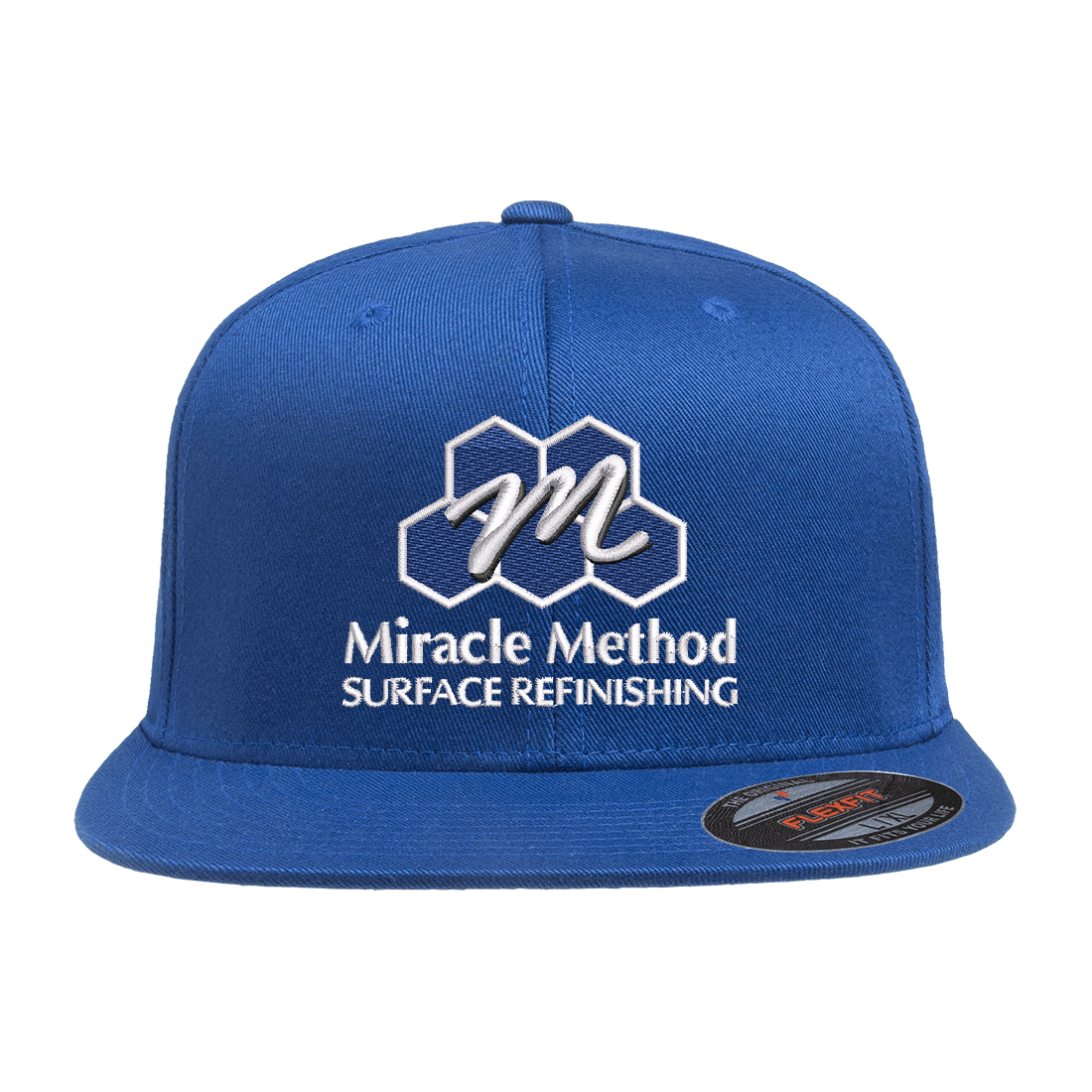 Front view of Miracle Method embroidered royal blue FlexFit cap